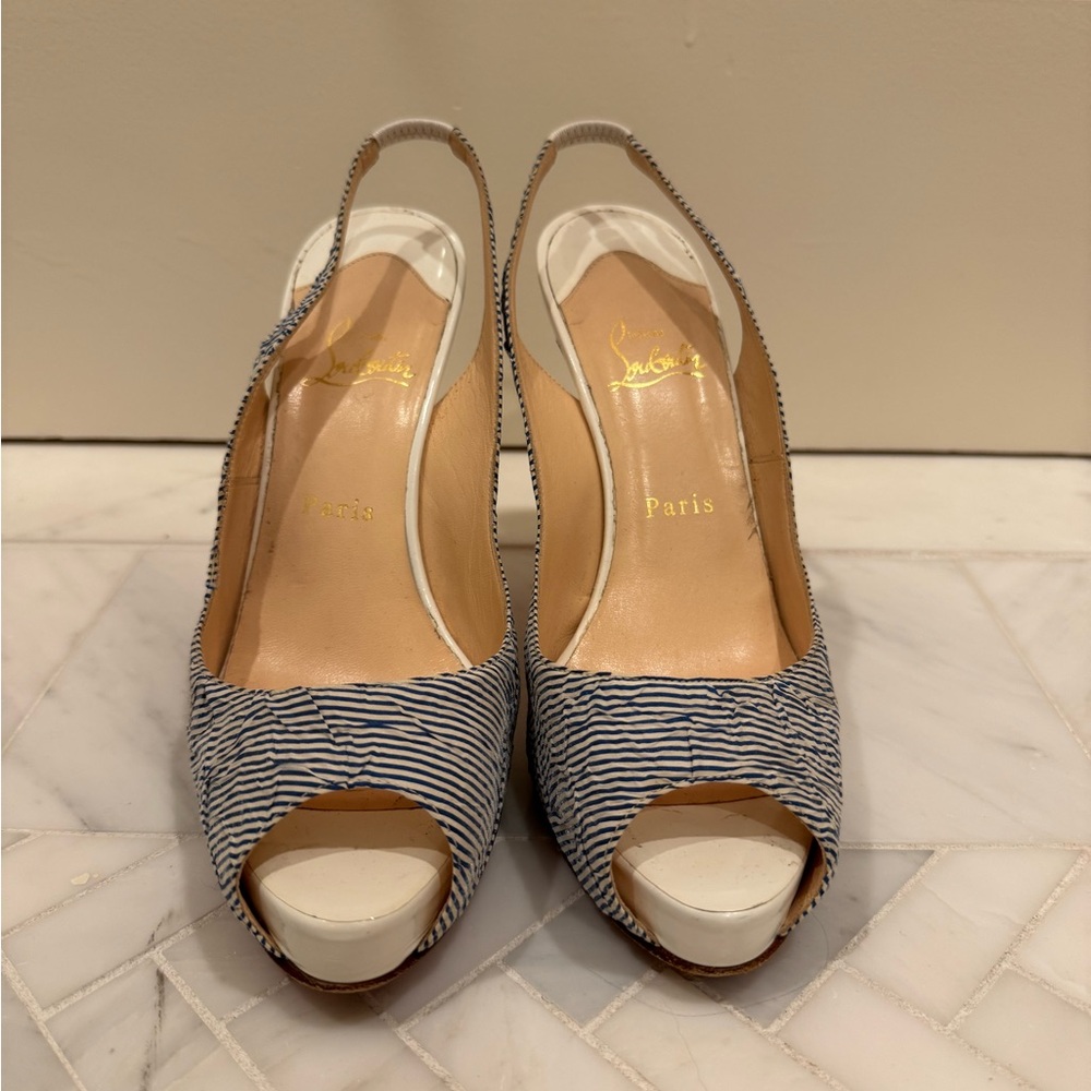 Christian Louboutin Striped Peep-Toe Slingback Heels
